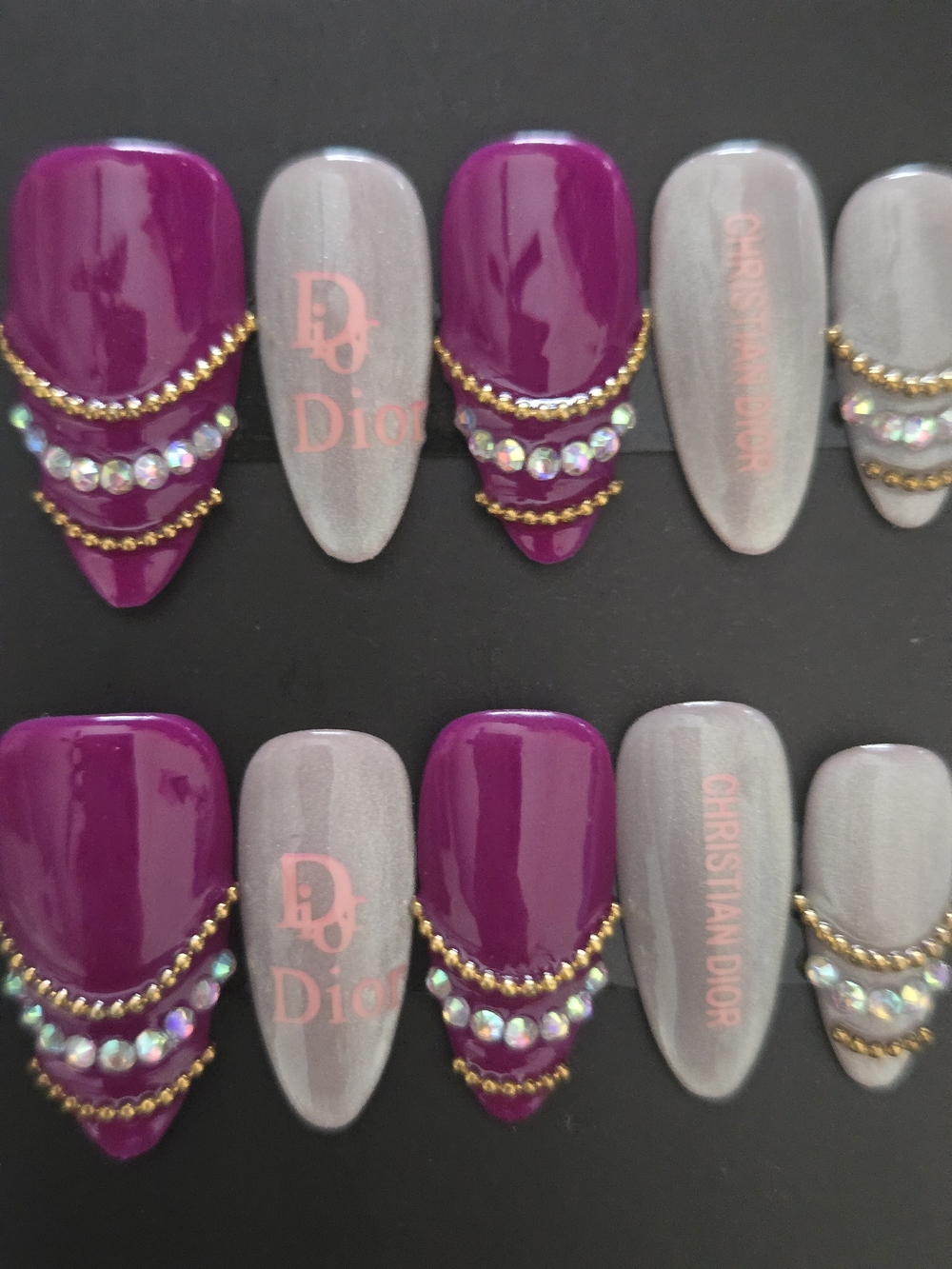 Elegant  Fuchsia & Silver Crystal Embellished Press-On Nails